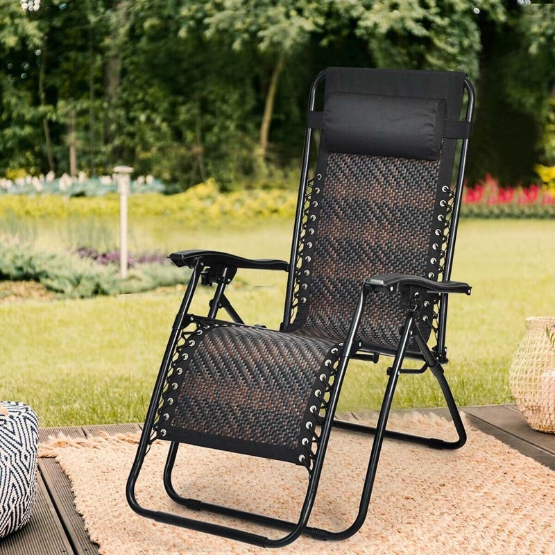 Folding Patio Rattan Zero Gravity Lounge Chair Recliner Brown