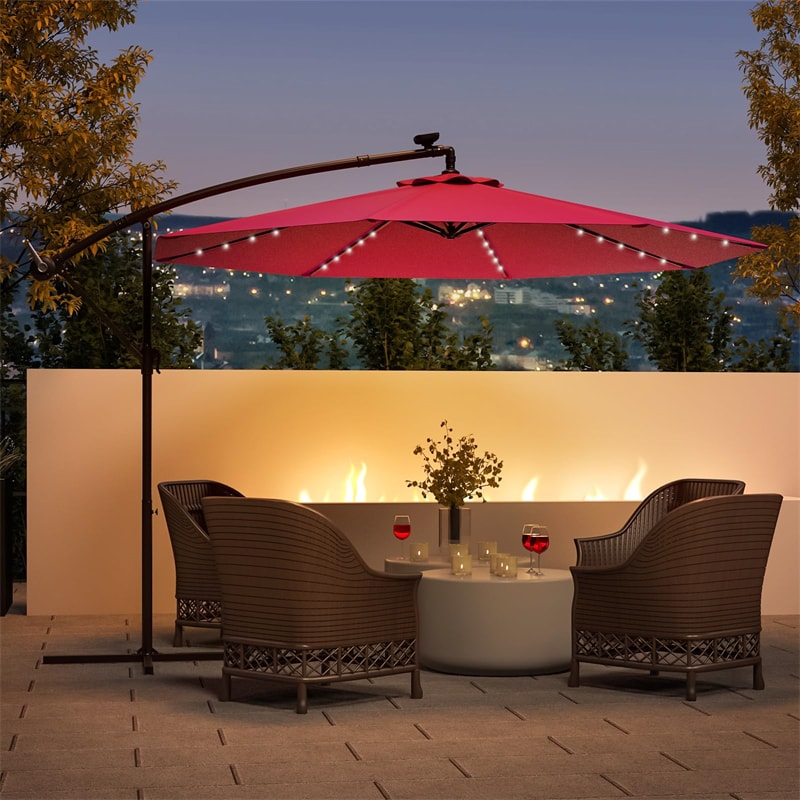 10 Ft Solar LED Offset Patio Umbrella Outdoor Cantilever Umbrella Steel Market Umbrella with 40 Lights & Cross Base