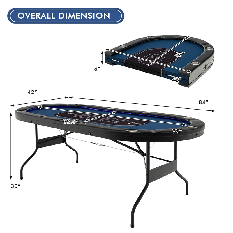 10-Player Poker Table Foldable Casino Leisure Table Card Game Table Texas Holdem Table with Cup Holder & 4 USB Ports