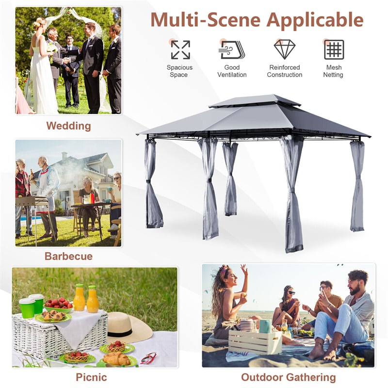 10' x 13' Steel Frame Gazebo 2-Tier Patio Gazebo Canopy Tent Shelter with Removable Netting & 130 Sq.Ft Shade for Outdoor Garden Yard