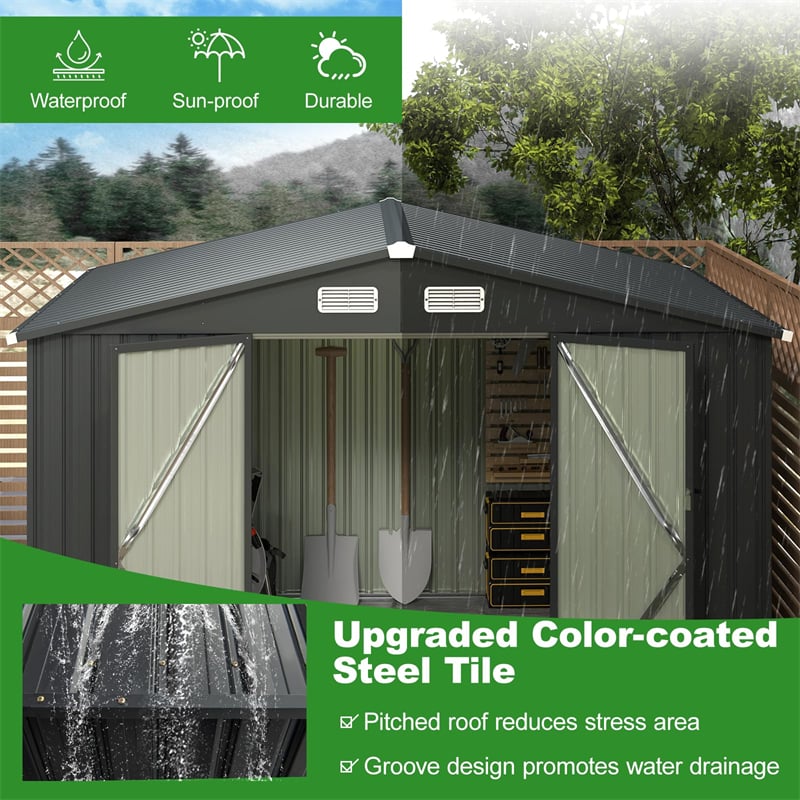 10' x 7.7' Outdoor Metal Storage Shed Galvanized Steel Utility Tool Storage House Waterproof Garden Shed with 4 Vents Lockable Doors