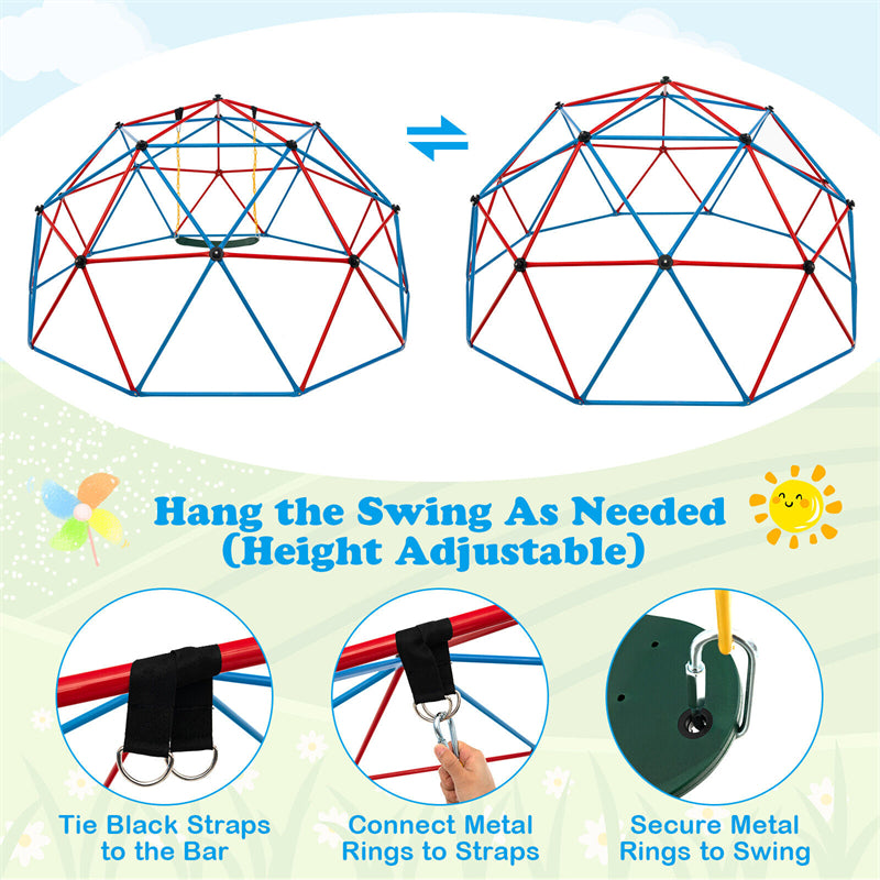 10 FT Climbing Dome with Swing, Geometric Dome Climber Playground Set Indoor Outdoor Jungle Gym Monkey Bar Climbing Toys for Toddlers