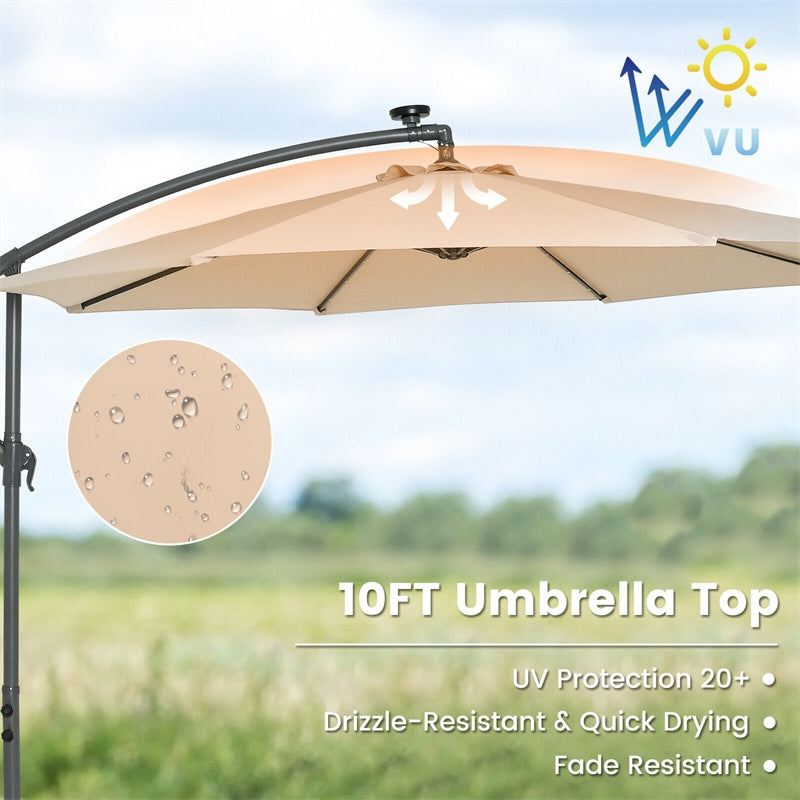 10FT Outdoor Hanging Cantilever Umbrella Offset Patio Umbrella with 32 LED Lights, Solar Panel Battery & Sand Bag