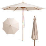 10FT Wooden Patio Umbrella Height Adjustable Table Market Umbrella with 8 Bamboo Ribs & Rope Pulley Lift