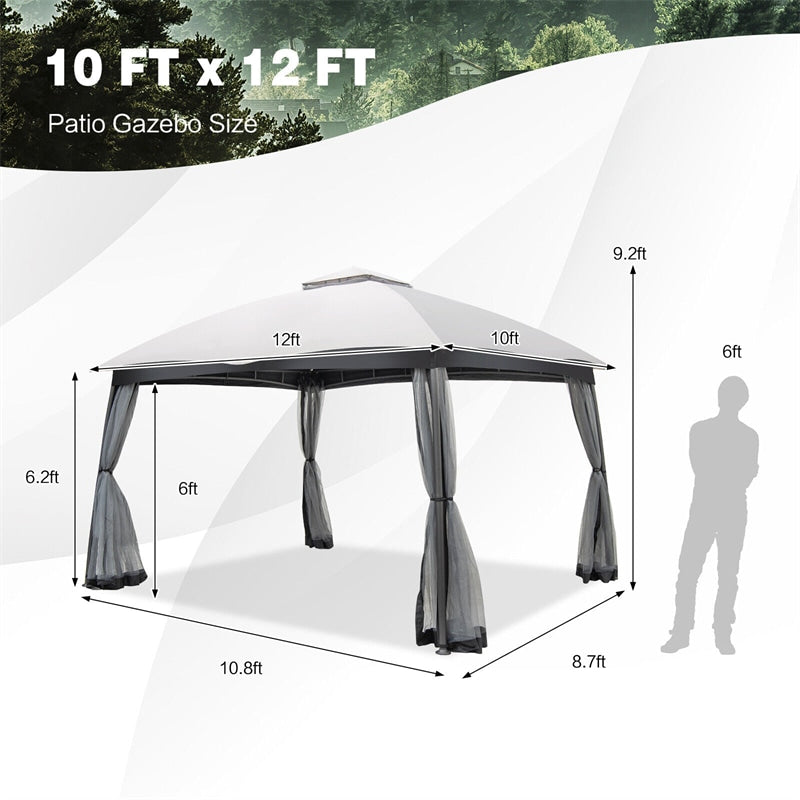 10' x 12' 2-Tier Patio Gazebo Easy-Setup Heavy-Duty Outdoor Canopy Gazebo with Netting & 4 Sandbags