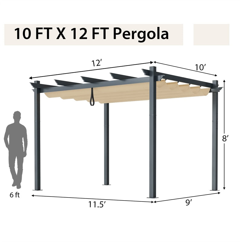 10x12ft Pergola Heavy-Duty Aluminum Outdoor Pergola Large Patio Shelter Pavilion with Retractable Sun Shade Canopy