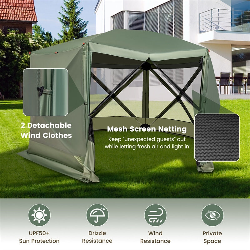 11.5' x 11.5' Pop Up Screen House Tent Portable 6-Sided Camping Gazebo Tent Outdoor Instant Canopy Shelter with Mesh Netting 2 Wind Panels & Carry Bag