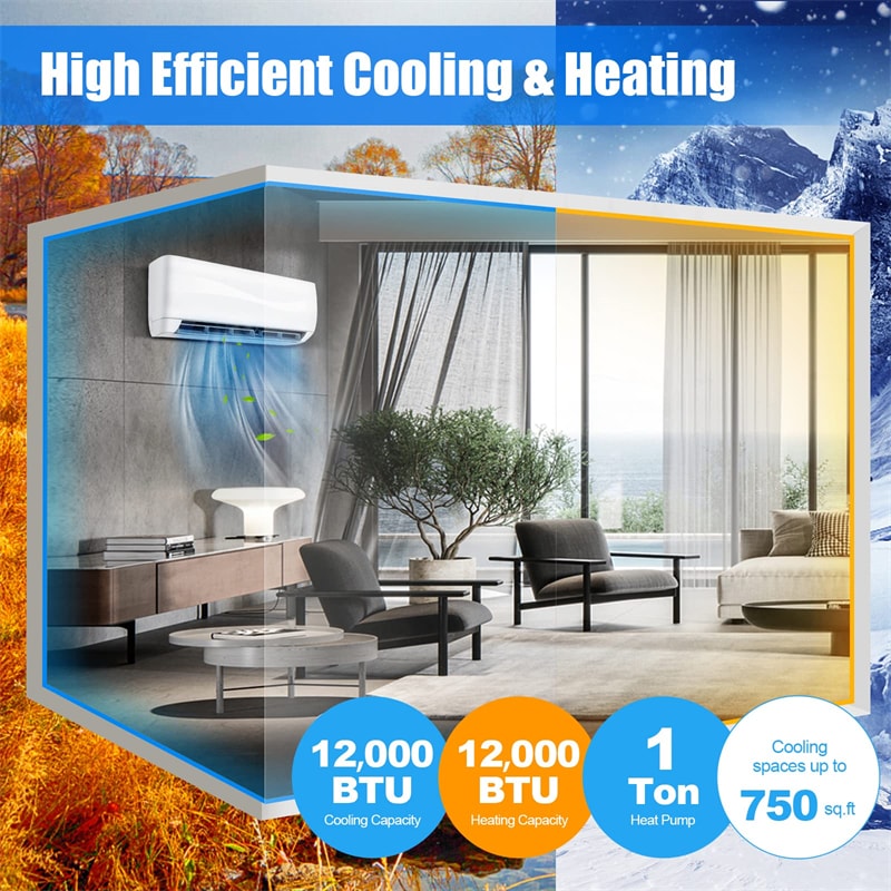 12000 BTU Mini Split Air Conditioner 17 SEER2 208-230V Wall-Mounted Ductless AC Unit with Heat Pump