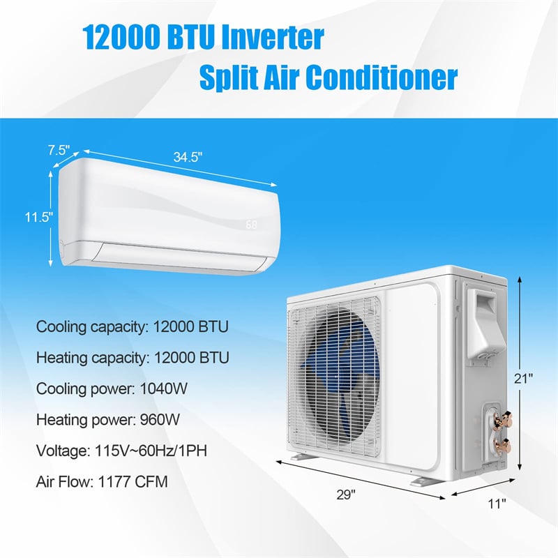 12000 BTU Ductless Mini Split Air Conditioner & Heater, 20 SEER2 115V Wall-Mounted Inverter AC Unit with Heat Pump & Installation Kit