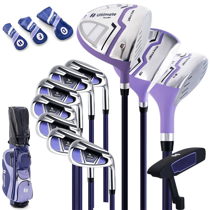 12 Pieces Women’s Complete Golf Club Set Right Hand Golf Club Package Set 460CC #1 Driver with Portable Golf Cart Bag & Rain Hood
