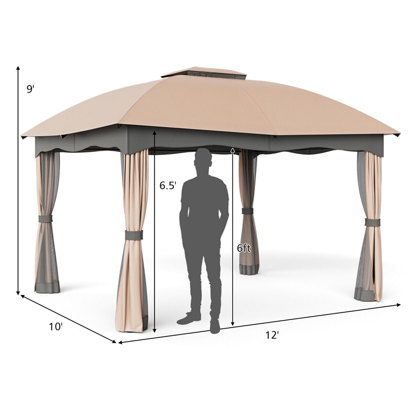 12' x 10' Heavy Duty Steel Patio Gazebo Double Vented Outdoor Gazebo Canopy with Mesh Screen Netting & Zippered Privacy Curtains