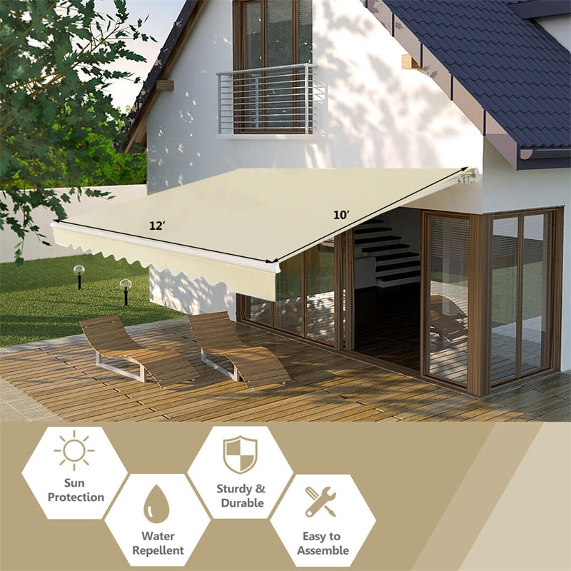 12’ x 10’ Retractable Awning Aluminum Patio Cover Outdoor Sun Shade with Crank Handle & Water-Resistant Polyester