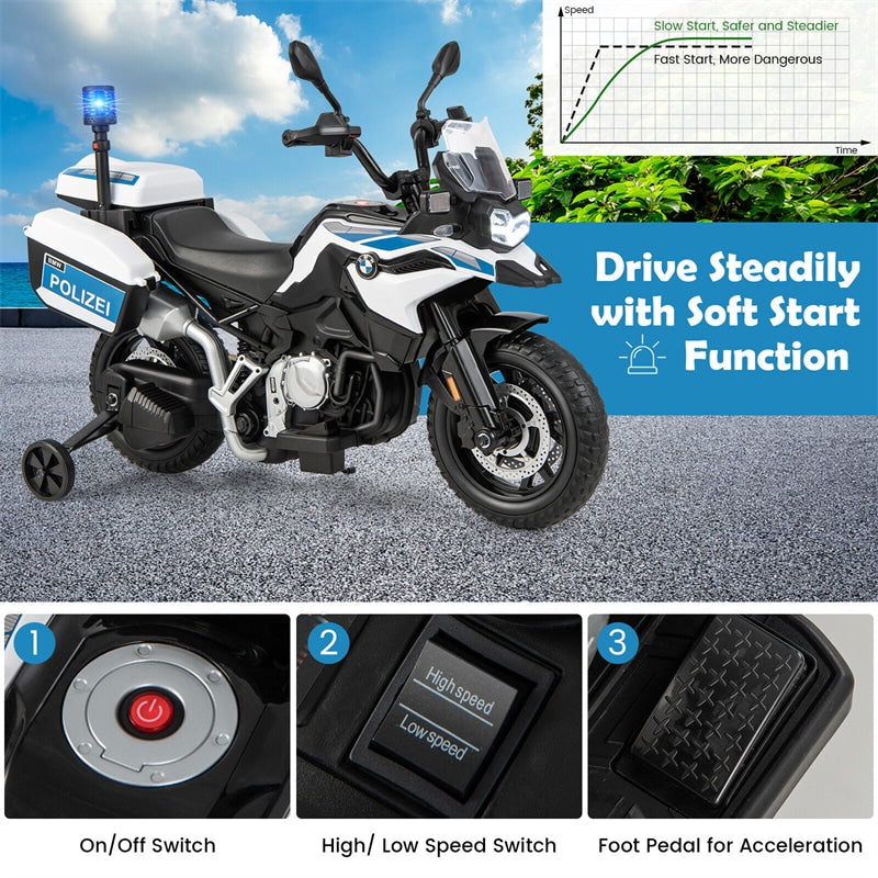 Kids Ride On Police Motorcycle Licensed BMW 12V Battery Powered Dirt Bike with Training Wheels & Siren Light