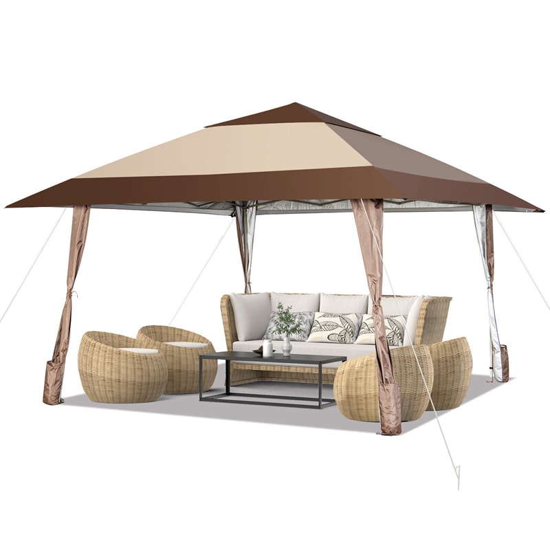 13' x 13' Pop-Up Gazebo 2 Tier Patio Gazebo Easy Setup Instant Canopy Outdoor Shelter with 4 Wheels & Carrying Bag