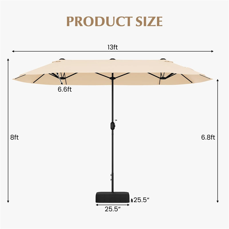 13FT Double-sided Patio Umbrella Extra Large Twin Table Umbrella Outdoor Market Umbrella with Crank Handle & Umbrella Base