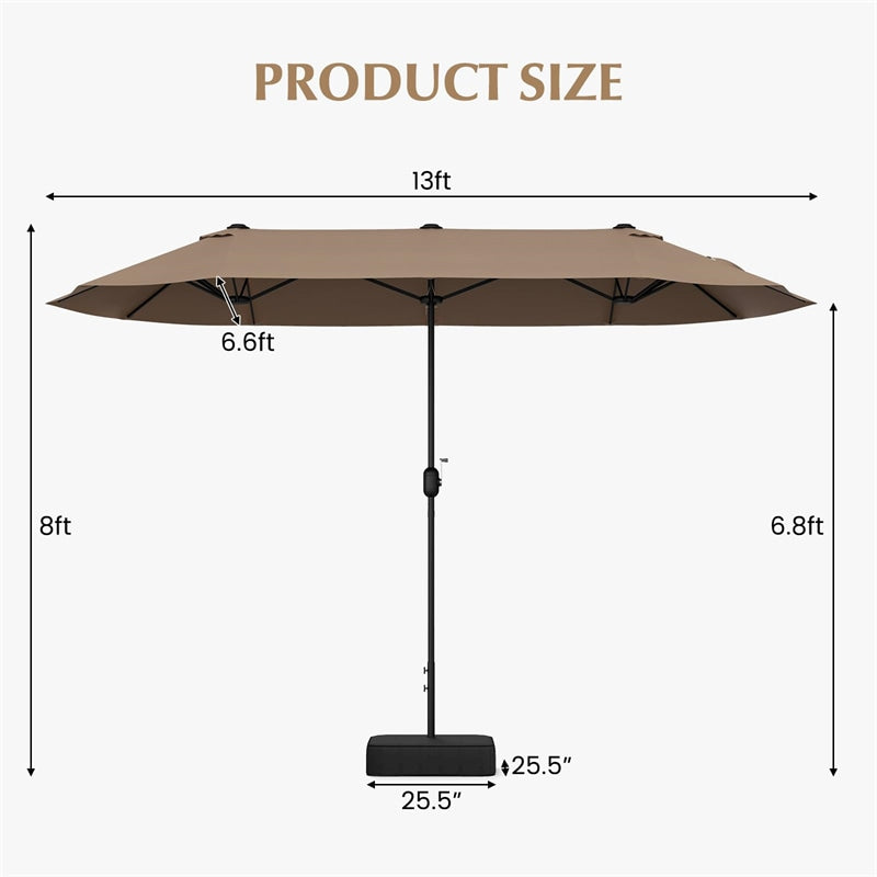 13FT Double-sided Patio Umbrella Extra Large Twin Table Umbrella Outdoor Market Umbrella with Crank Handle & Umbrella Base