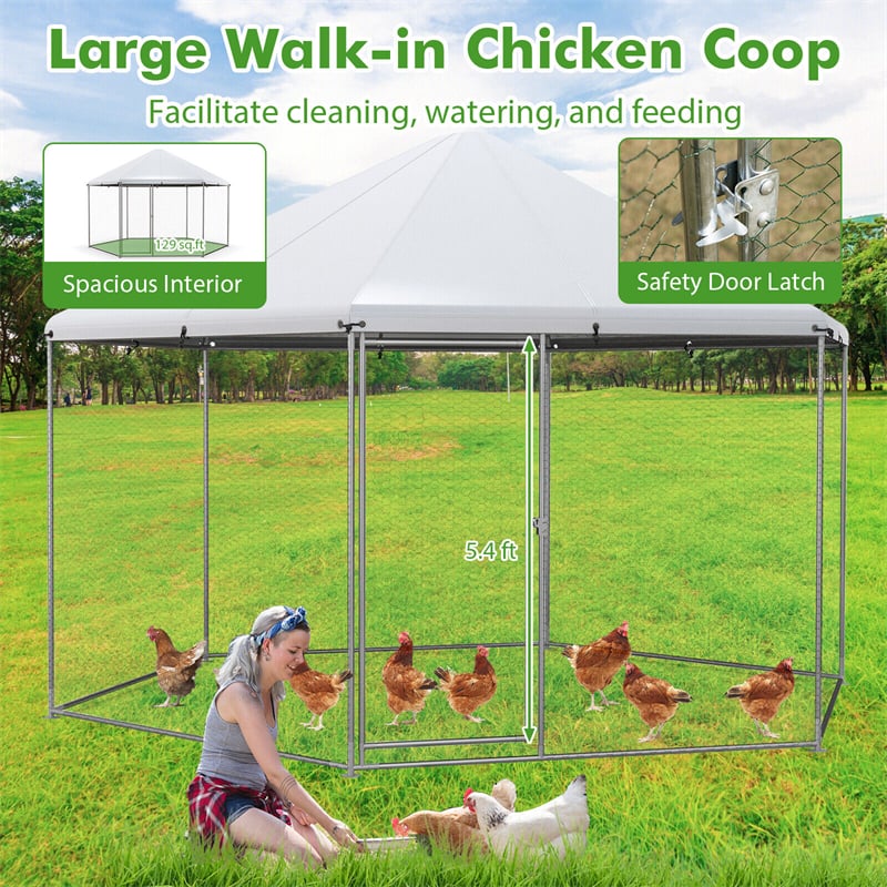 13FT Large Metal Chicken Coop Hexagon Walk-in Chicken Run Heavy Duty Galvanized Poultry Cage Hen House Rabbit Hutch with Waterproof Cover