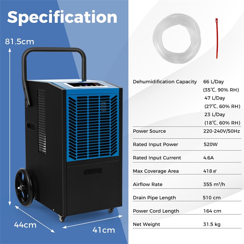 140 Pints Commercial Dehumidifier Crawl Space Dehumidifier Heavy Duty Portable Industrial Dehumidifier with Pump, Drain Hose & Wheels