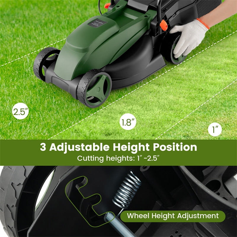 14" Corded Electric Lawn Mower 12-AMP 2-in-1 Walk-Behind Push Lawnmower with Collection Box & 3 Adjustable Height Position