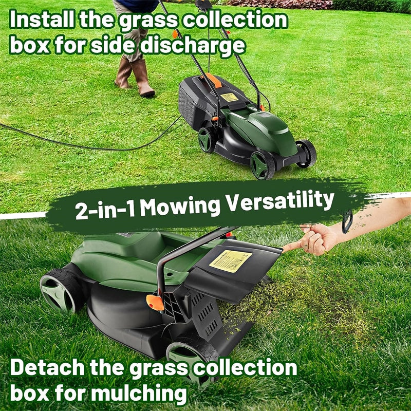 14" Electric Corded Lawn Mower 12-AMP 2-in-1 Walk-Behind Lawnmower with Grass Collection Box & 3 Adjustable Cutting Position