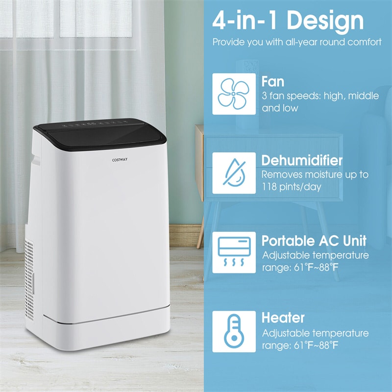 15000 BTU Portable Air Conditioner Built-in Dehumidifier & Heat, Auto Swing 4-in-1 AC Unit with Remote Control APP Control & Window Kit
