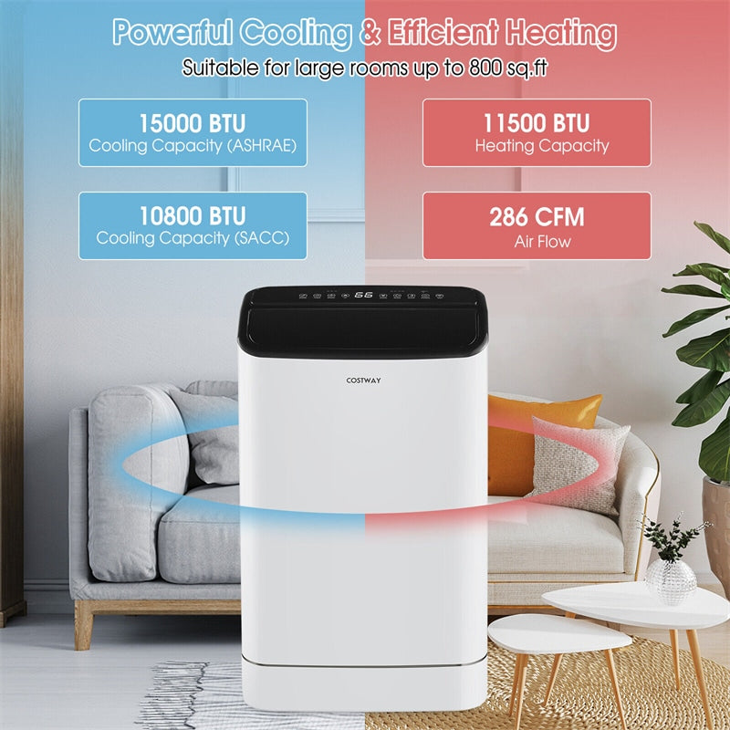 15000 BTU Portable Air Conditioner Built-in Dehumidifier & Heat, Auto Swing 4-in-1 AC Unit with Remote Control APP Control & Window Kit