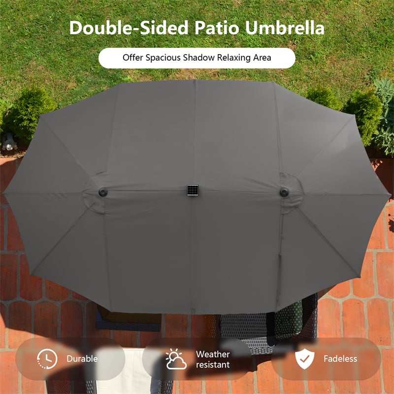 15 FT Outdoor Double-Sided Patio Umbrella with 48 Solar LED Lights & Umbrella Base