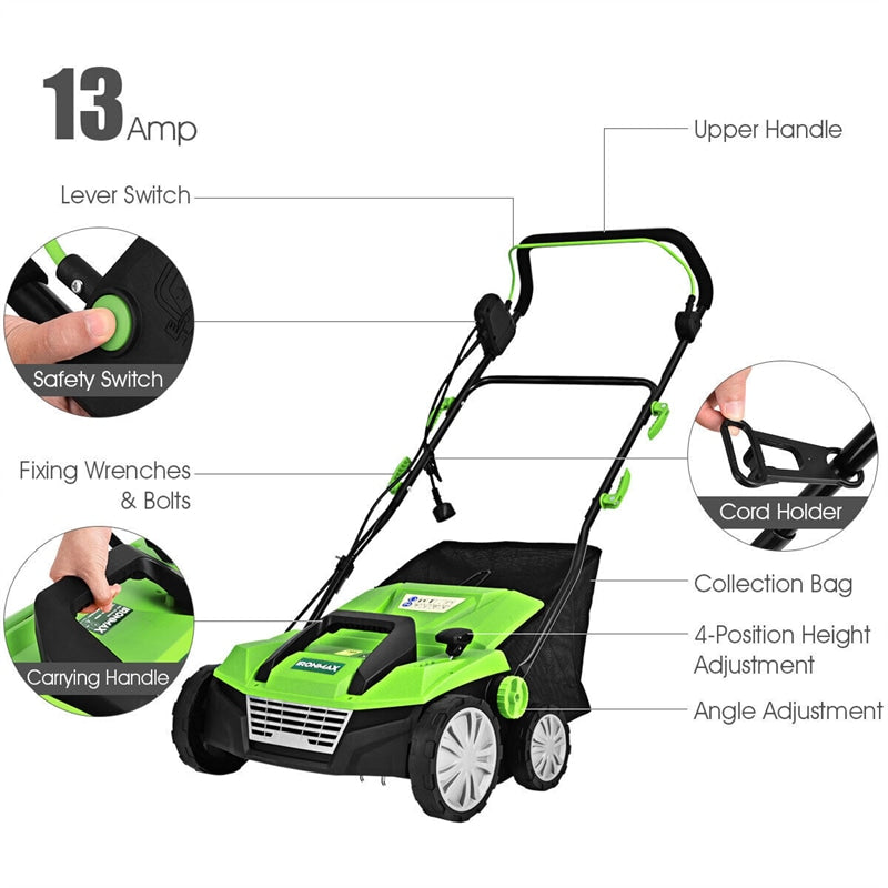15" 13Amp Corded Scarifier 2-in-1 Electric Lawn Dethatcher with 4 Cutting Heights, 13.5 Gallon Collection Bag & 2 Removable Blades
