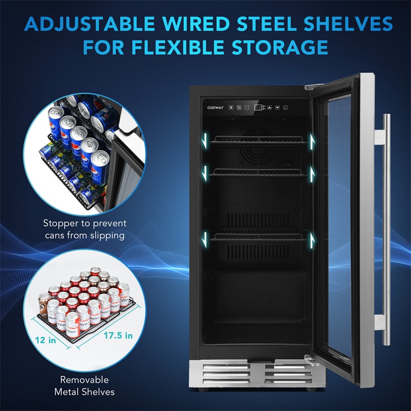 15" Beverage Refrigerator 100-Can Wine Beer Cooler Built-In/Freestanding Mini Drink Fridge with Glass Door & Removable Shelves