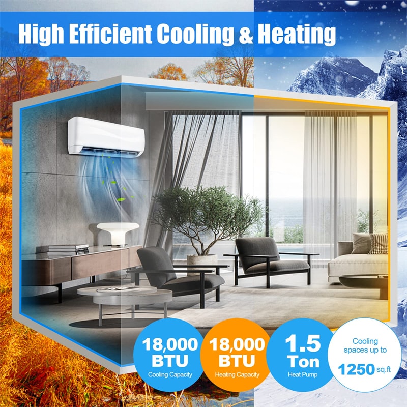 18000 BTU Mini Split Air Conditioner 19 SEER2 208-230V Wall-Mounted Ductless AC Unit with Heat Pump