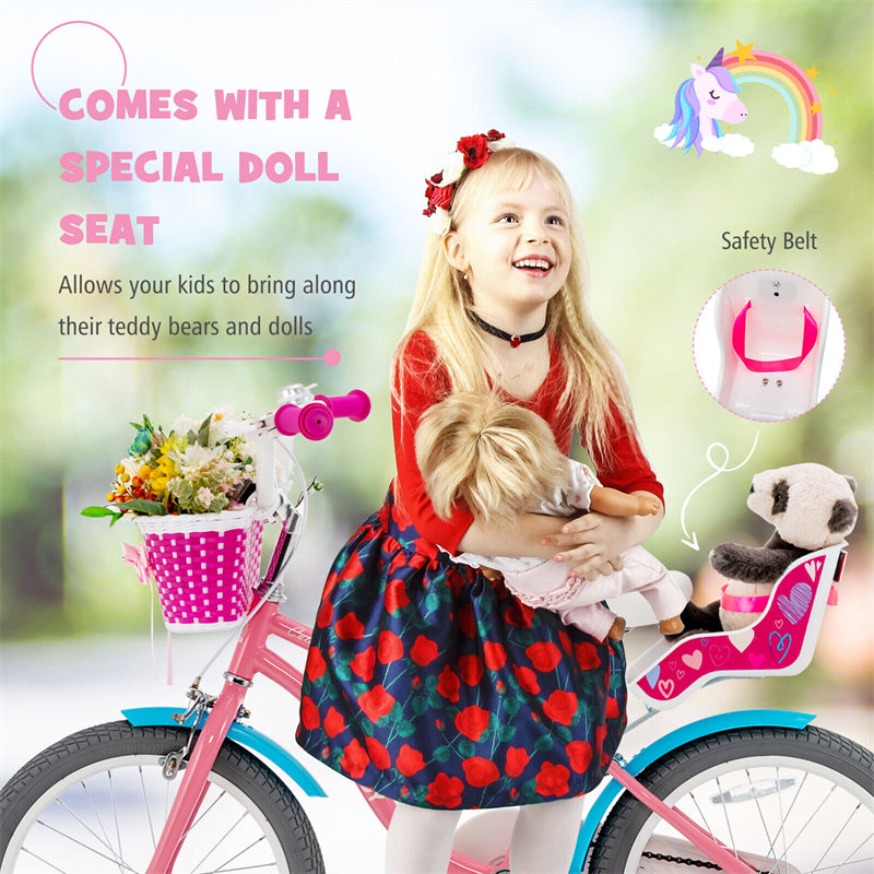 18 Inches Kids Bike Steel Frame Girls Pink Bicycle with Removable Training Wheels & Adjustable Seat
