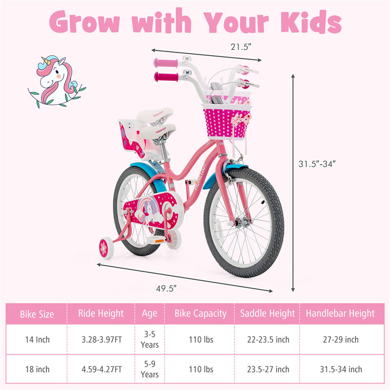 18 Inches Kids Bike Steel Frame Children Bicycle with Removable Training Wheels & Adjustable Seat