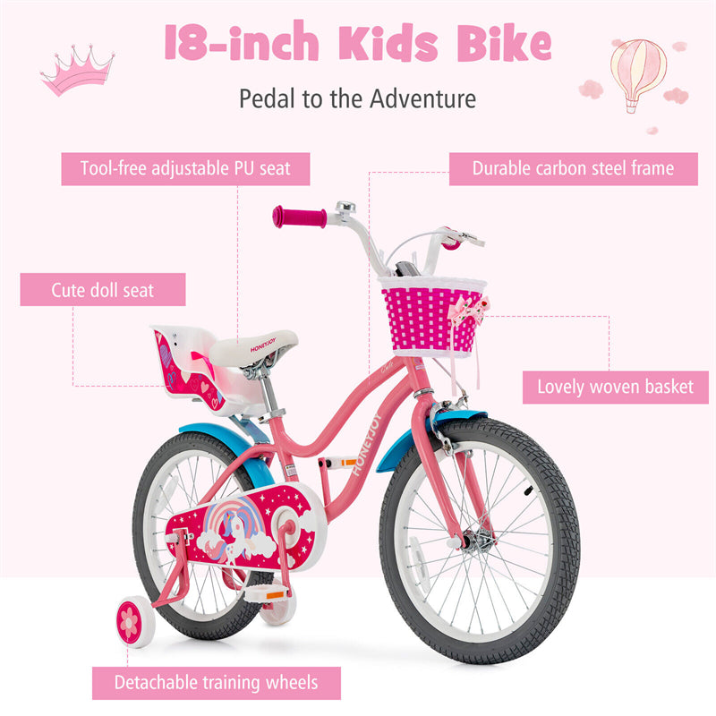 18 Inches Kids Bike Steel Frame Children Bicycle with Removable Training Wheels & Adjustable Seat