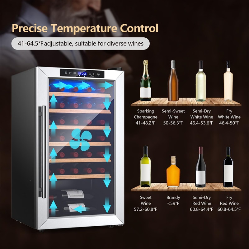 20" Wine Cooler Beverage Refrigerator 33 Bottles Freestanding Wine Fridge with Tempered Glass Door & Dual Alarm Function