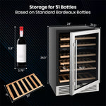 24" Wine Cooler 51 Bottles Dual Zone Wine Refrigerator Built-In Freestanding Wine Fridge with Stainless Steel Tempered Glass Door & Safety Lock