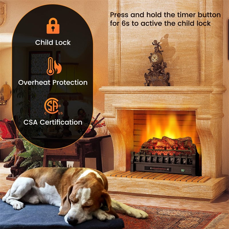 26” Infrared Quartz Electric Fireplace Log Heater 1500W Fireplace Insert with Realistic Pinewood Ember Bed, Remote Control & Overheat Protection