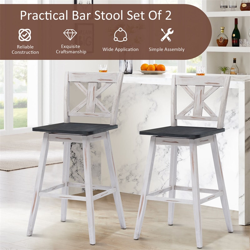 29" Wooden Bar Stools Set of 2 Swivel Counter Height Dining Chairs with Non-Slip Foot Pads