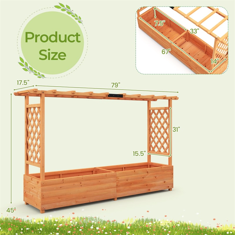 2PCS Raised Garden Bed Fir Wood Outdoor Planter Box with 2-Sided Trellis & Hanging Roof for Flowers Herbs Climbing Plants