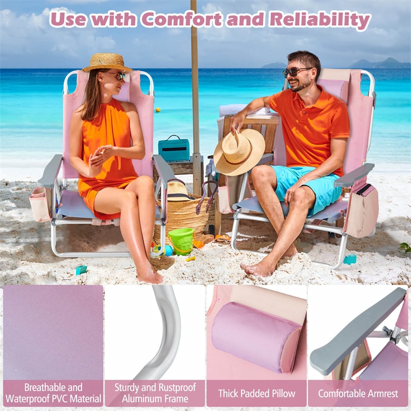 2 Pcs Folding Backpack Beach Chairs 5-Position Adjustable Outdoor Sling Camping Chairs with Cooler Bag & Cup Holder