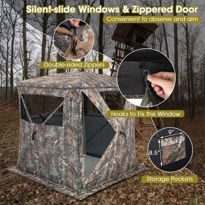 See Through Hunting Blind Tent 270 Degree 2-3 Person Portable Pop Up Ground Blind with Sliding Windows, Zippered Door & Carrying Bag