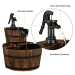 2-Tier Rustic Wood Outdoor Barrel Water Fountain with Hand Pump for Garden Backyard Decor