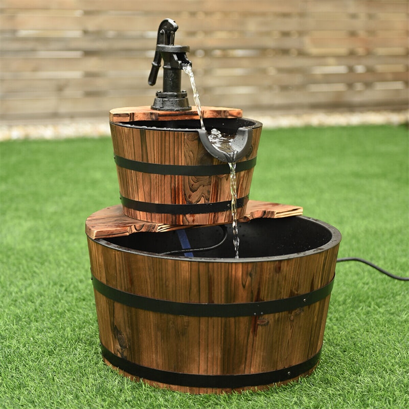 2-Tier Rustic Wood Outdoor Barrel Water Fountain with Hand Pump for Garden Backyard Decor