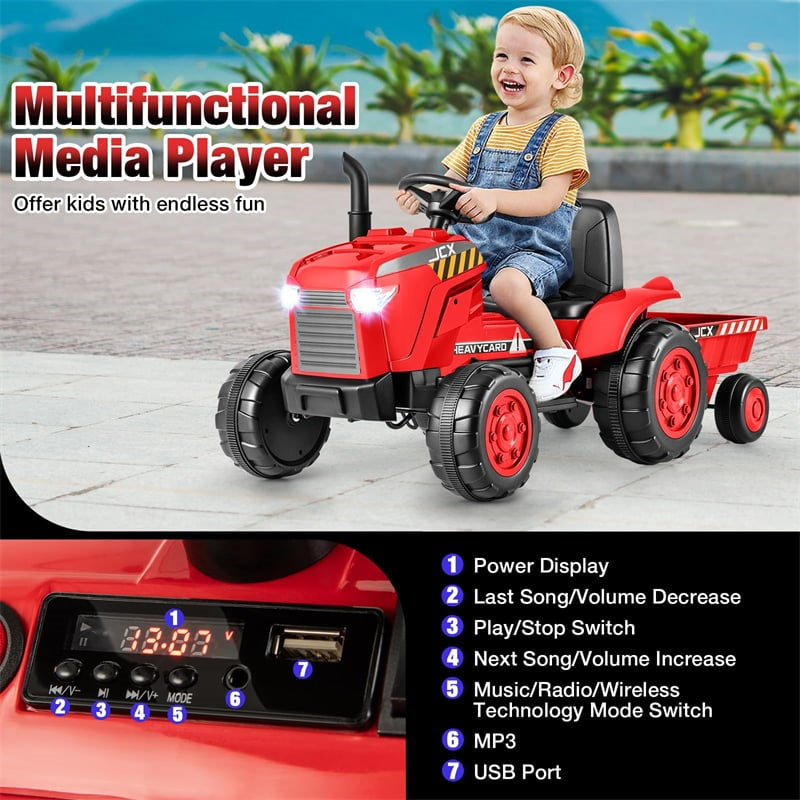 2-in-1 Kids Ride On Tractor with Trailer, 12V Battery Powered Electric Ride on Car Toy Tractor with Remote Control, Lights, 3-Gear-Shift Ground Loader