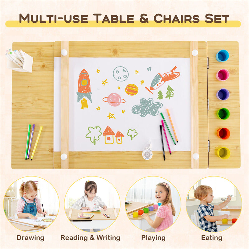 2-in-1 Kids Table and Chair Set Wooden Art Easel Activity Table with Paper Roller, 6 Paint Cups & 6 Storage Bins