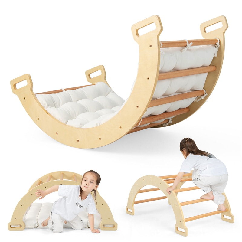 3-in-1 Montessori Climbing Arch Rocker Wooden Arch Climber Ladder Structure Pikler Arch Climbing Toys with Cozy Cushion for Toddlers Kids Gift