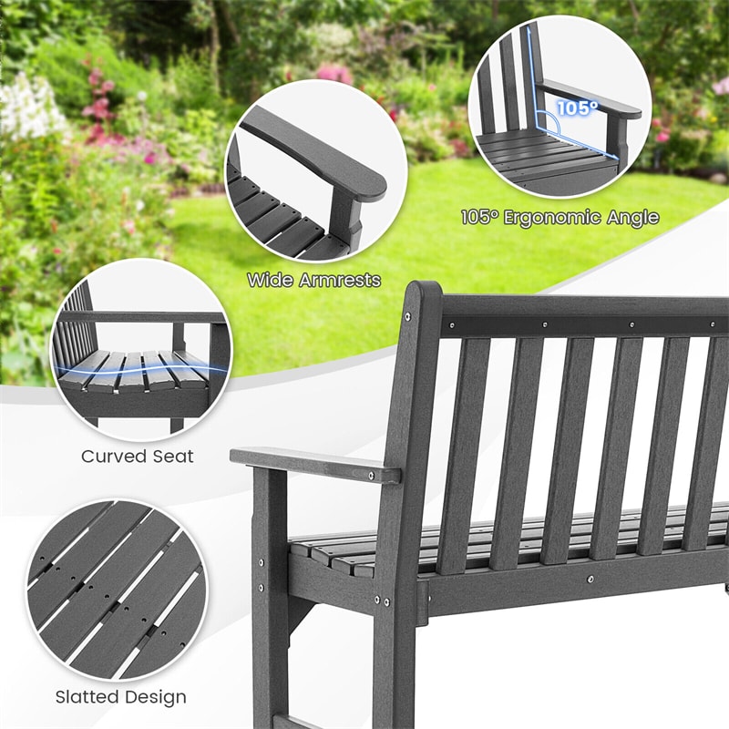 Outdoor Garden Bench All-Weather HDPE Park Bench 2-Person Patio Bench with Slatted Backrest & Armrest for Backyard Lawn