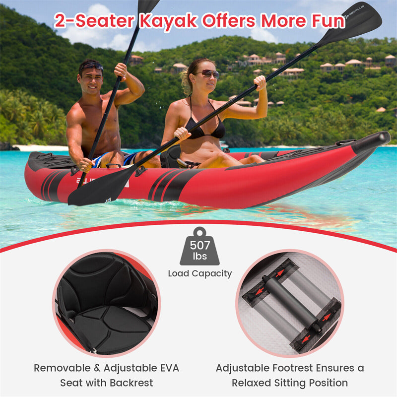 2-Person Inflatable Kayak Set EVA Padded Seat Portable Touring Kayaks with 2 Aluminium Oars, 2 Fins & Hand Pump