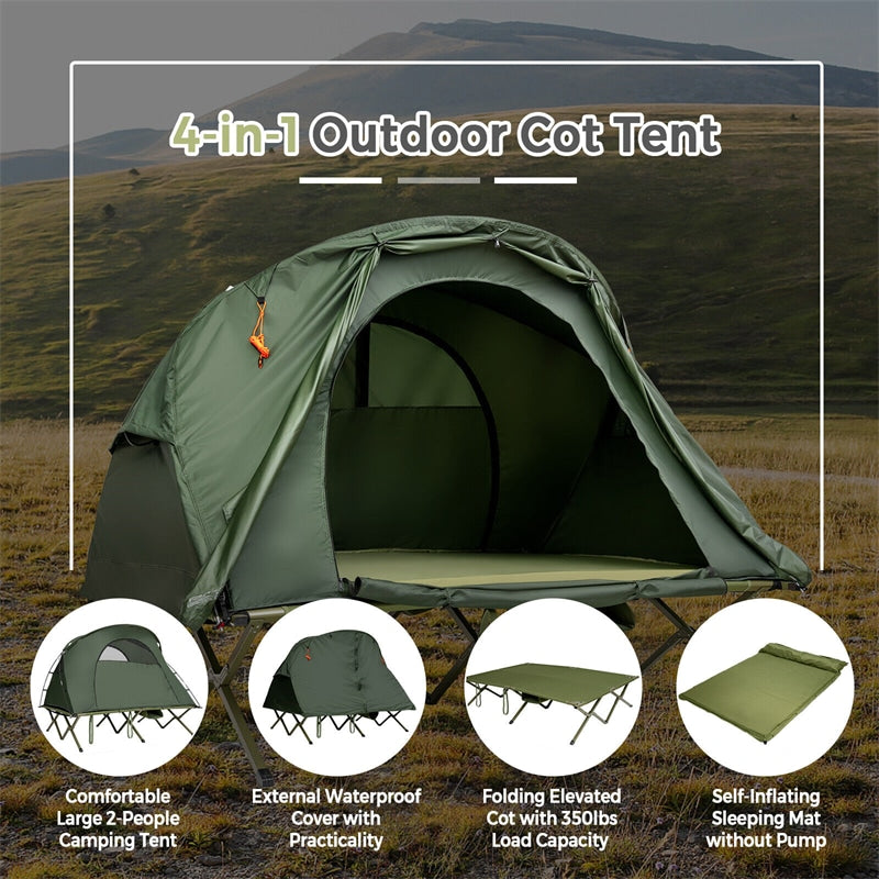 2-Person Tent Cot 4-in-1 Folding Camping Cot Tent Elevated Tent with Waterproof Rainfly Self-Inflating Mattress & Roller Carry Bag