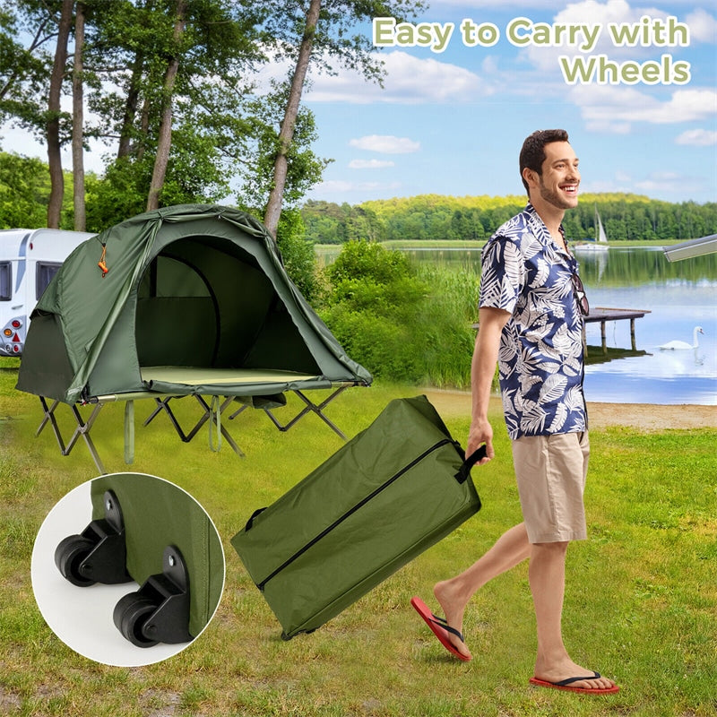 2-Person Tent Cot 4-in-1 Folding Camping Cot Tent Elevated Tent with Waterproof Rainfly Self-Inflating Mattress & Roller Carry Bag