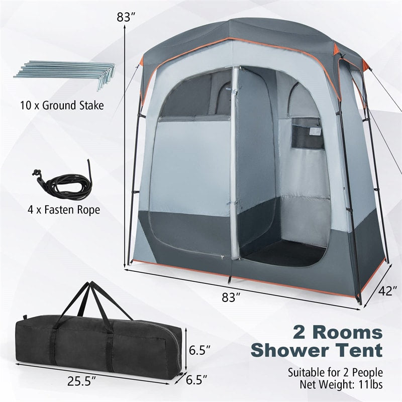 2 Room Shower Tent Oversize Camping Privacy Shelter Portable Outdoor Shower Tent Dressing Toilet with Floor & Removable Rain Fly